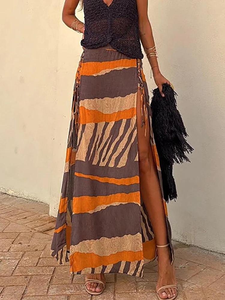 Spring Summer Patchwork Vintage Maxi Skirts, Women Lace-Up High Split Holiday Dress, 2024 All Match Elegant Simple Ladies Skirts