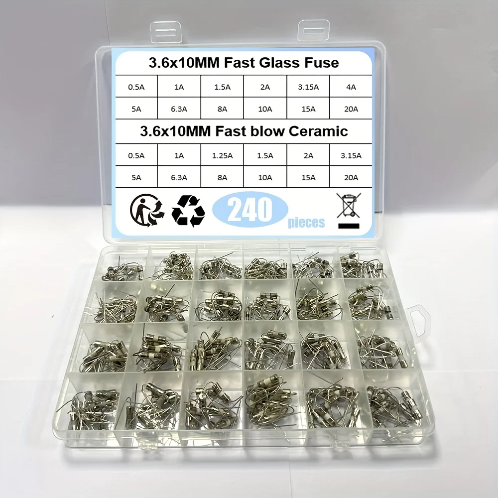 240Pcs/Box 24Values 3.6x10mm Fast Blow Ceramic Glass Fuse Kit 0.1A 0.5A 1A 2A 3A 5A 6A 8A 10A 15A /250V  Insurance Tube Pack