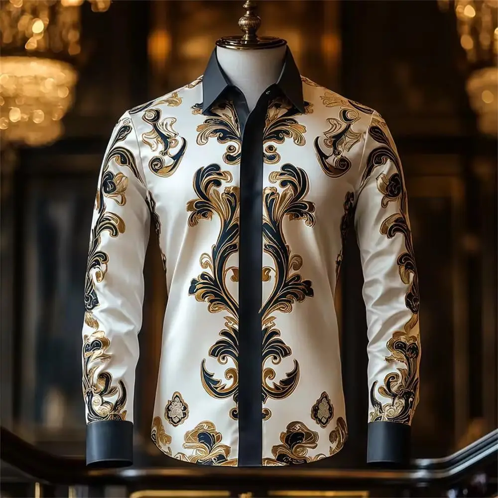 

Модная новая мужская роскошная рубашка с длинными рукавами, пуговицы, лацканы, мужская атласная повседневная рубашка с длинными рукавами для вечеринок, плюс си