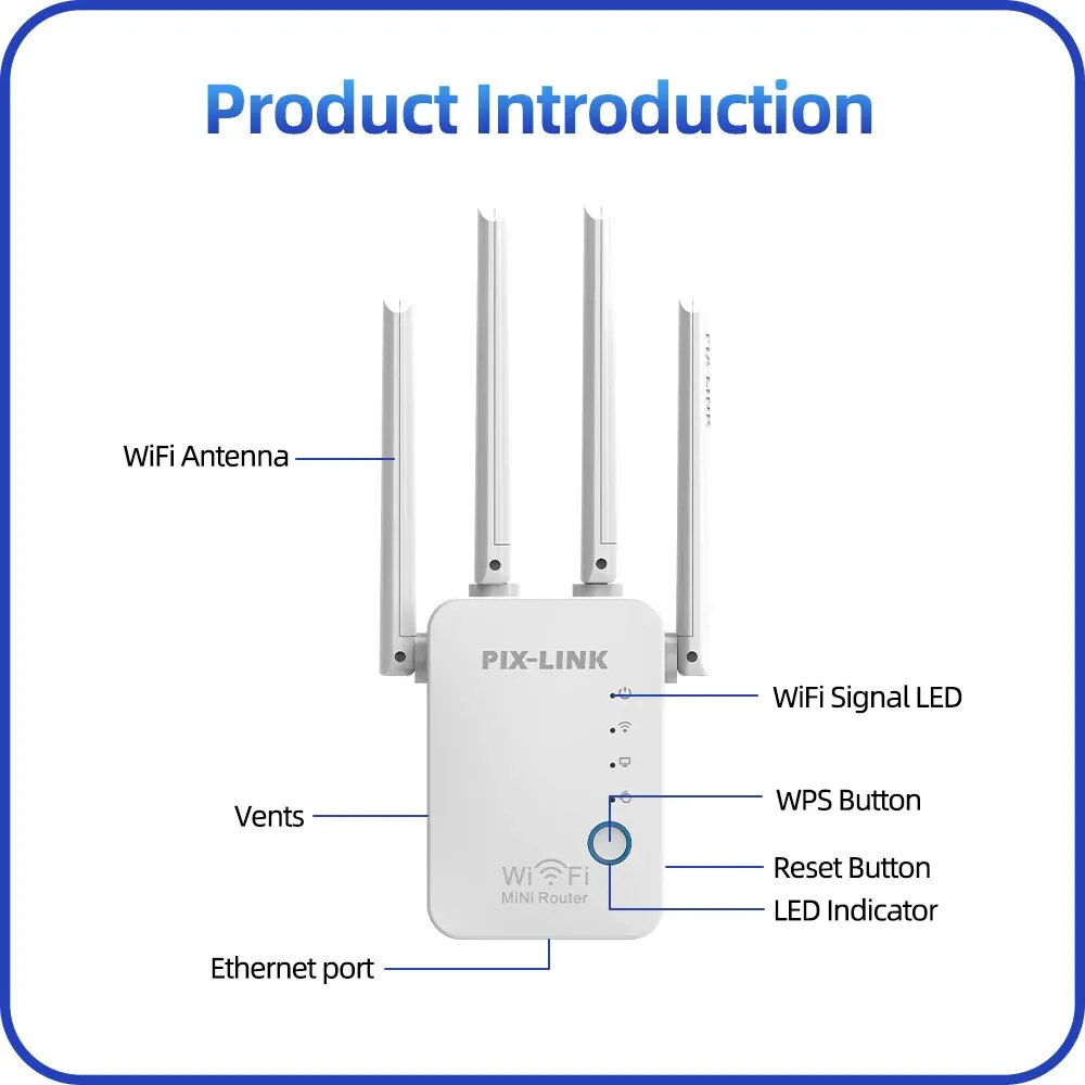 PIX-LINK WR16Q Wifi Repeater 300Mbps Wifi Wireless Internet Long Range Extender Signal Booster for Home With AP Mode Ethernet