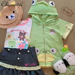 Kawaii Fashion Stars Printed Three-Dimensional Frog Cute Pocket Short Sleeve Jacket Female Girls Sweet Hoodie Coat 2024 Autumn