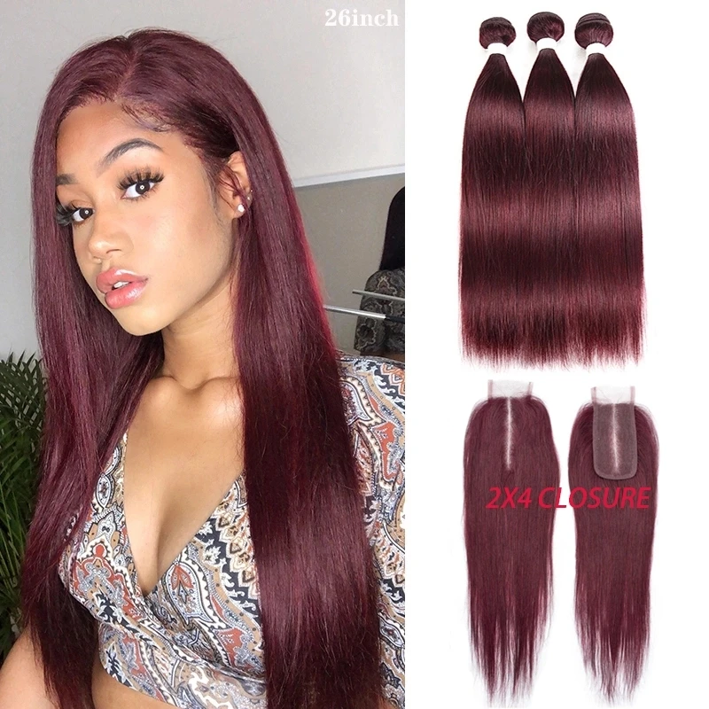 LUXEDIVA Human Hair Straight Bundles With 2X4 Lace Closure Brazilian Human Hair Extensions 99J #2 #4 Light Brown For Black Women