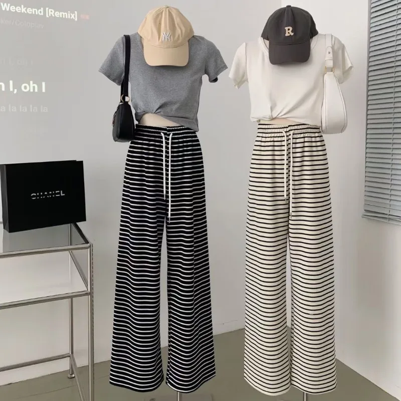 Women Black White Striped Wide-leg Pants Girl High-waist Loose Pants Student Loose Slim Straight-leg Pants Ladies Casual Sports