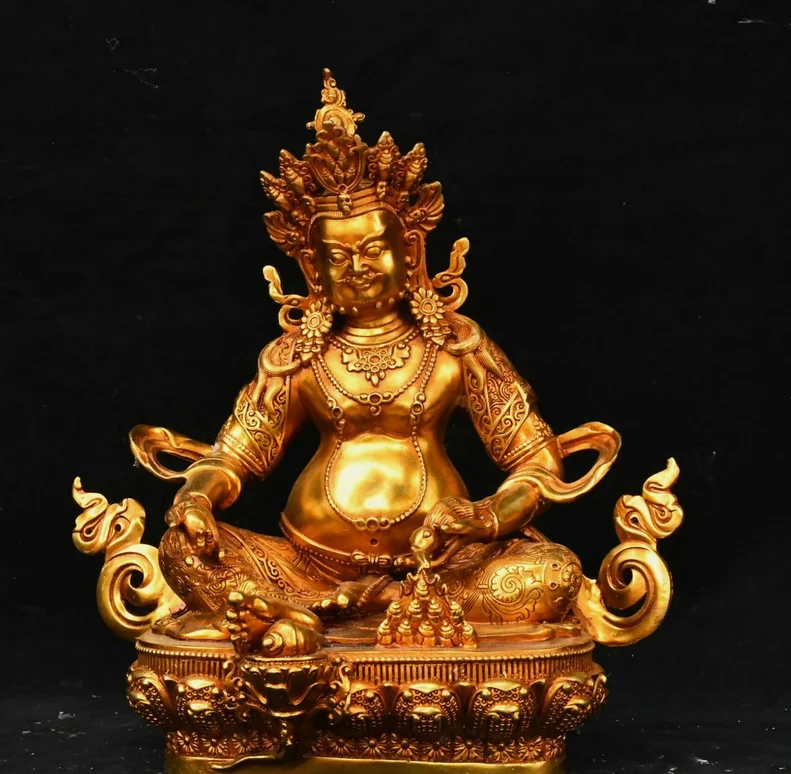11.8''Old Tibet Bronze Gilt Yellow Jambhala Wealth God Buddha Mouse Statue