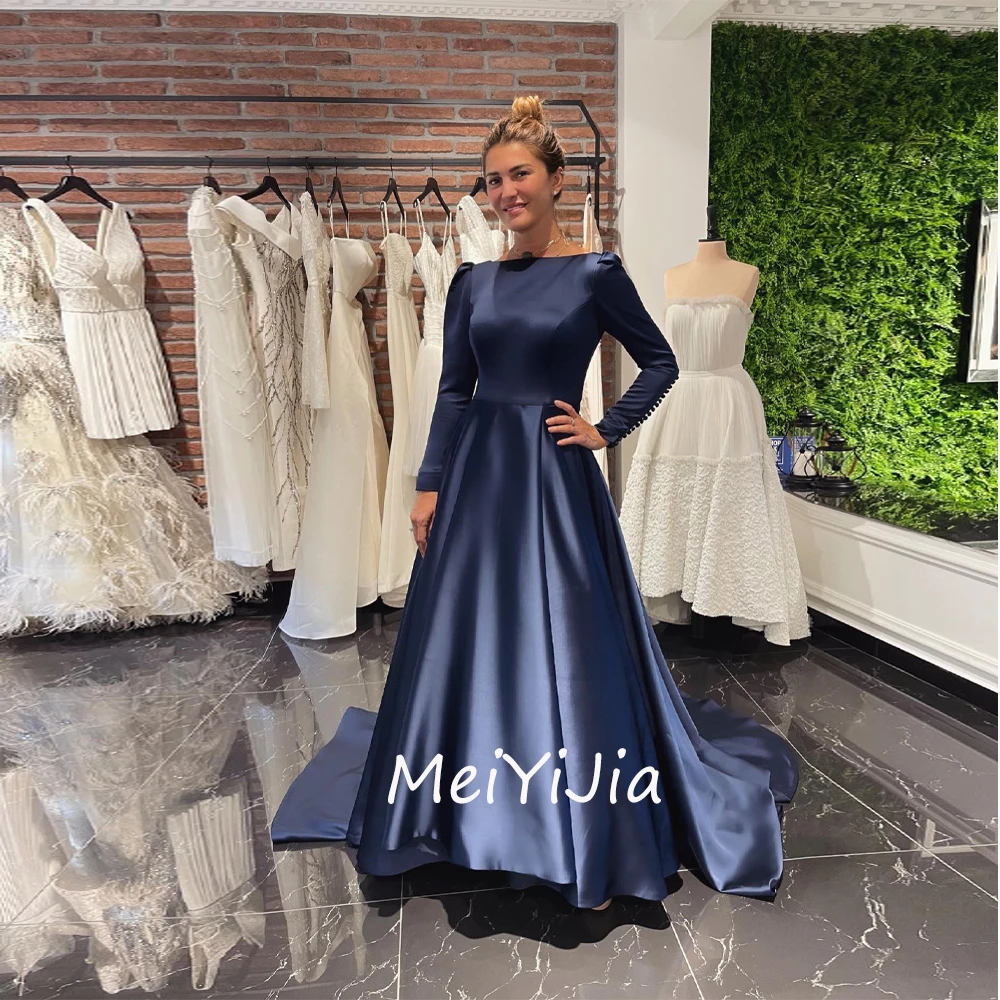 Meiyijia Evening Dress O-Neck Button Backless Ruffle A-Line Satin Saudi Arabia Sexy Evening Birthday Club Outfits Summer 2024