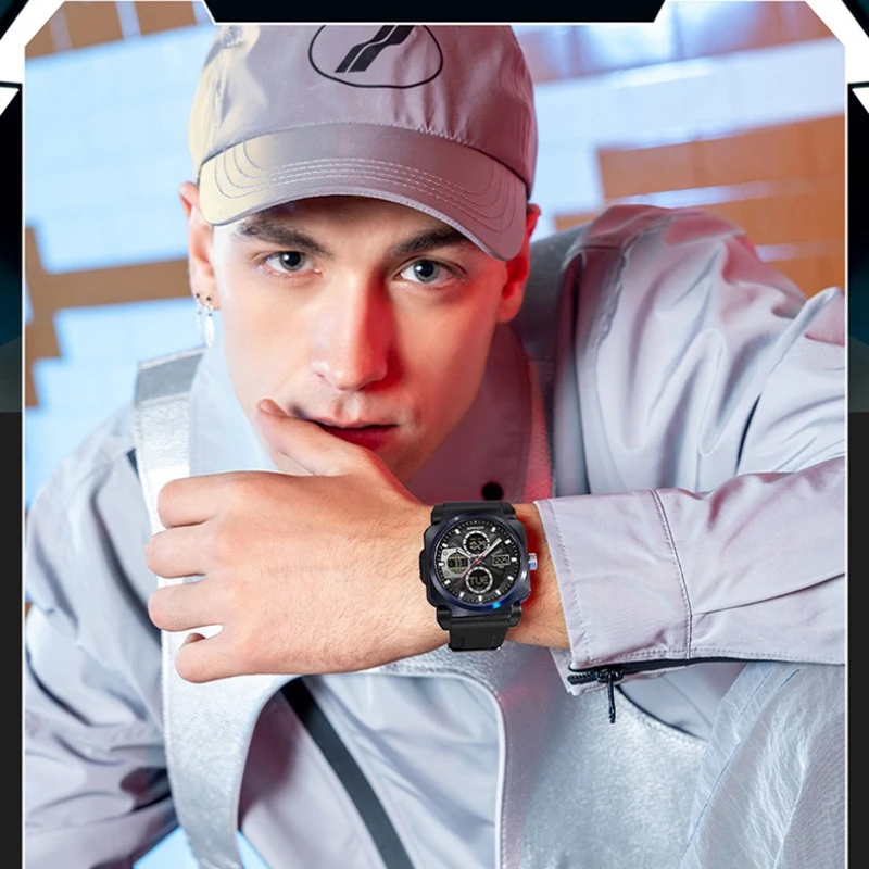 SANDA 3377 Leisure Dual Display Men's Watch Sports Multi Functional Waterproof Luminous Fashion Quartz Watches for Men Relojes