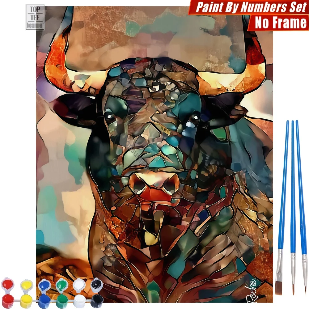 

Abstract Colorful Bull Paints By Numbers Kit - Abstract Bull Blocks Home Bedroom Decor Halloween Gift For Woman
