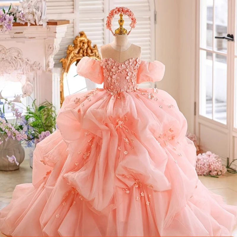 Pink Girls Birthday Princess Dress Puffy Gown with Long Train for Host Piano Performance Fashion Show Pageant Formal Celebration