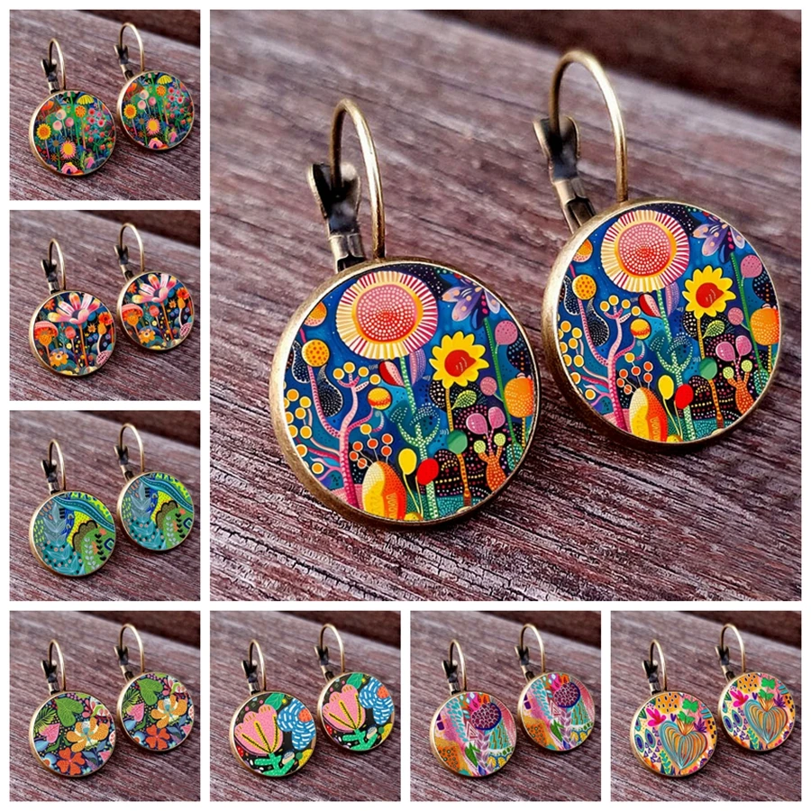 Colorful Wave Dot Flower Earrings Abstract Plant Flower Art Glass Cabochon Women\'s Earrings Beautiful Earrings Jewelry Gift