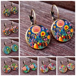 Colorful Wave Dot Flower Earrings Abstract Plant Flower Art Glass Cabochon Women's Earrings Beautiful Earrings Jewelry Gift