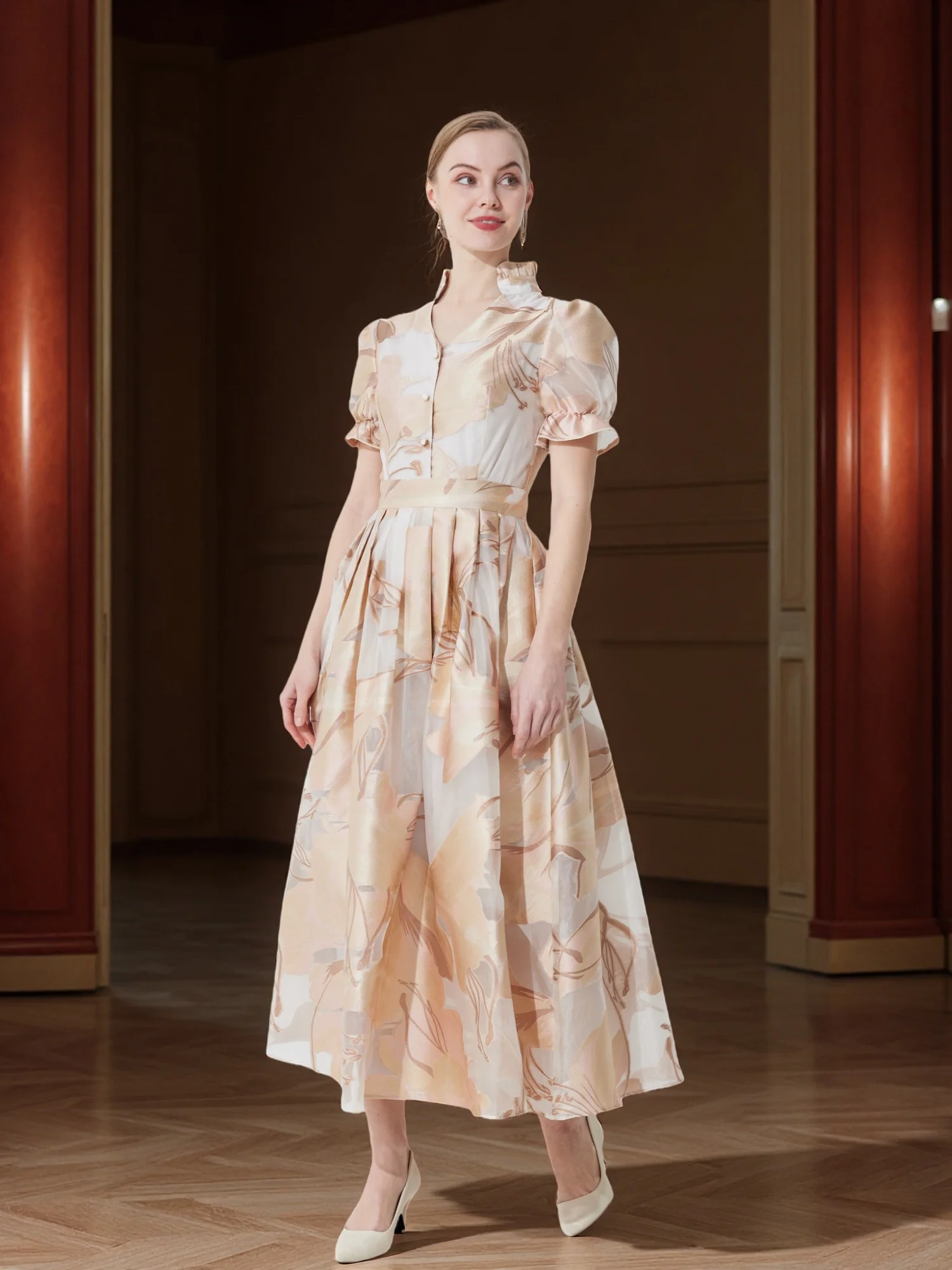 

French Vintage Embellished Jacquard Dress with Waist-Cinching Flared Maxi Silhouette for Elegant Banquets and Dates