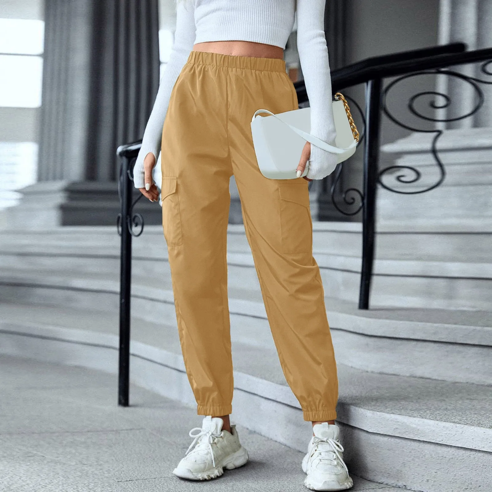 

Women Daily Casual Elastic Waist Trousers 2023 New Fashion Solid Color Versatile Pants Street Loose Cargo Pants With Pockets