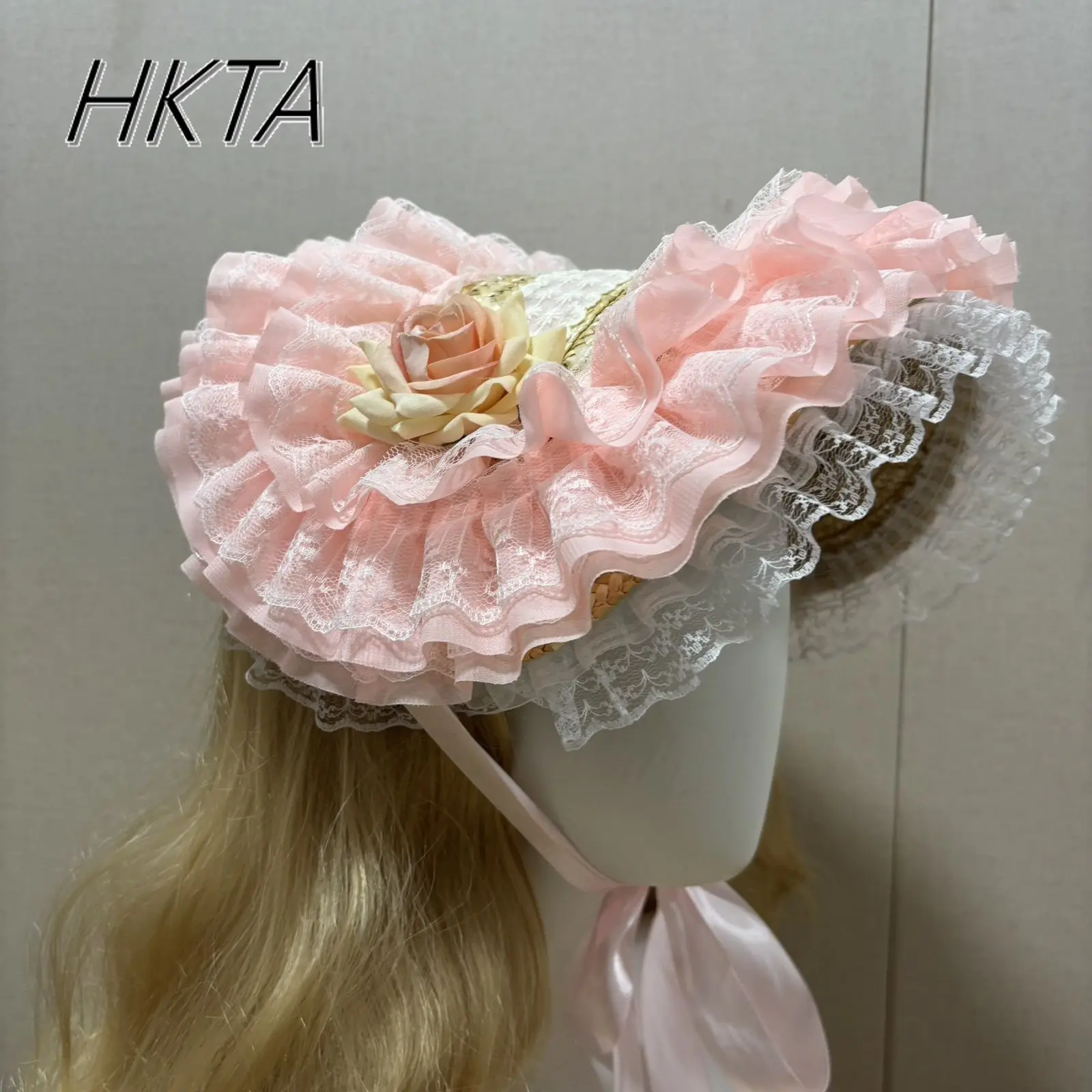 Lolita Lace Print Womens Hat Sweet Cute Handmade Purple Straw Hats Sprint Kawaii Pleated Flower Bow Lace Up Hair Clips Cap Girl