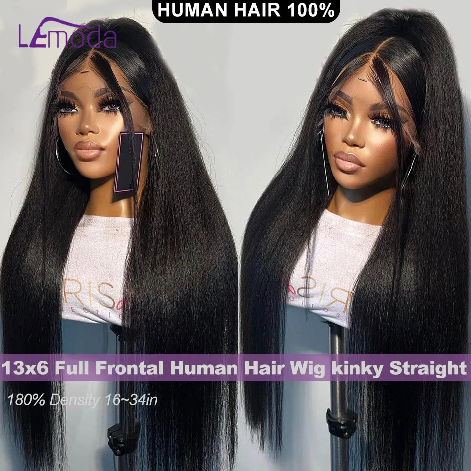 13x6 Full Frontal Human Hair Wig Kinky Straight Wig Transparent Lace PrePlucked Full 13x6 Lace 12A Virgin Human Hair Wigs Lemoda