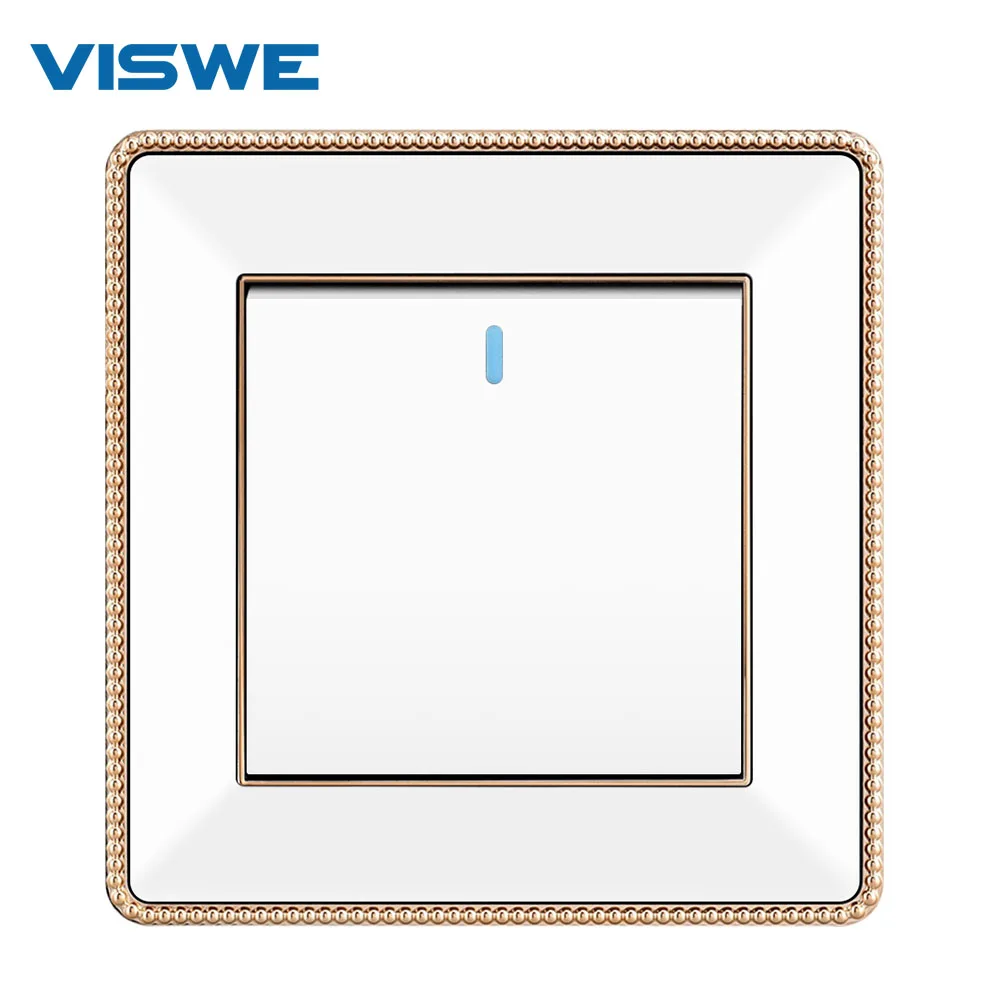 VISWE Universal 1gang 2way Wall Switch, 86*90mm Acrylic Panel with gold border, Push button Switch with indicator