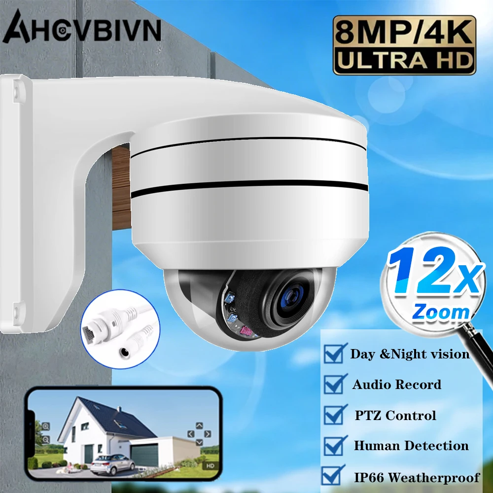 8MP 4K 12X Zoom POE IP Camera Outdoor Human Detection Metal PTZ Speed Dome Camera 80M IR Auido P2P CCTV Surveillance Cameras