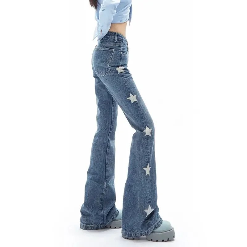 Hottie Ins Spring New Star Print Flare Jeans High Waisted Skinny Trousers Fairy Grunge Streetwear Y2k Pants Blue Jeans dla kobiet