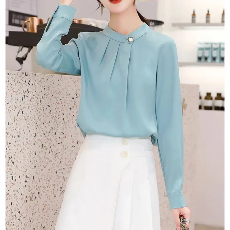 

Women Clothing Fashion Simplicity Chiffon Blouse Spring New Long Sleeve Solid Loose Office Shirt Tops Elegant Temperament JJ770
