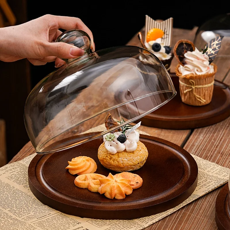 Wooden and Glass Cake Storage Trays Can Hold Macaron Bread and Fruits Suitable for Afternoon Tea Cake Dessert Shop Display