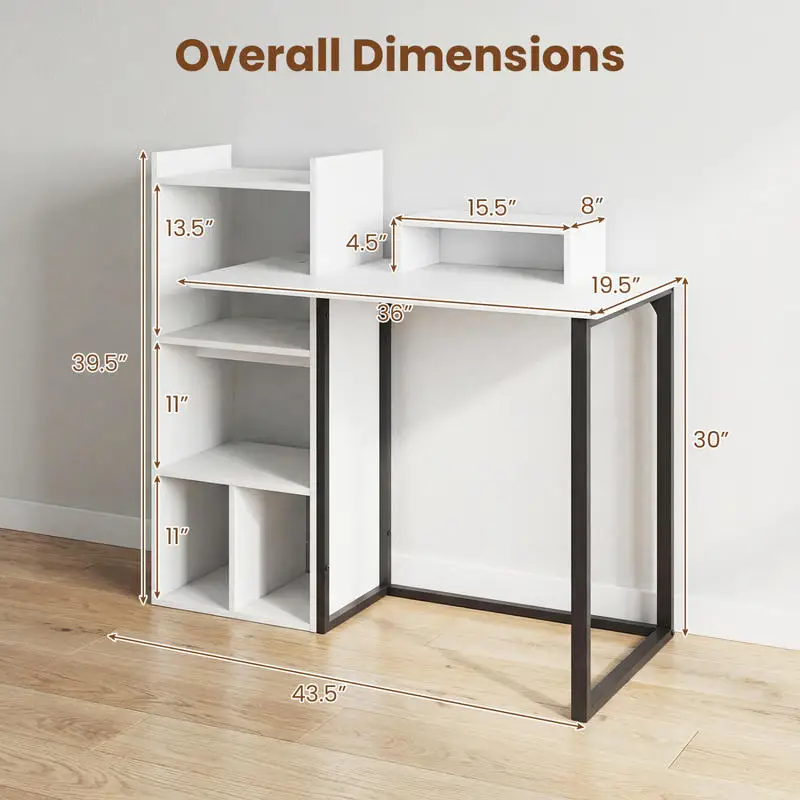43.5 Inch Computer Desk With Charging Station And Monitor Stand, Metal Frame Home Office Desk With Storage Shelves, Study Table For Bedroom Living Room, White