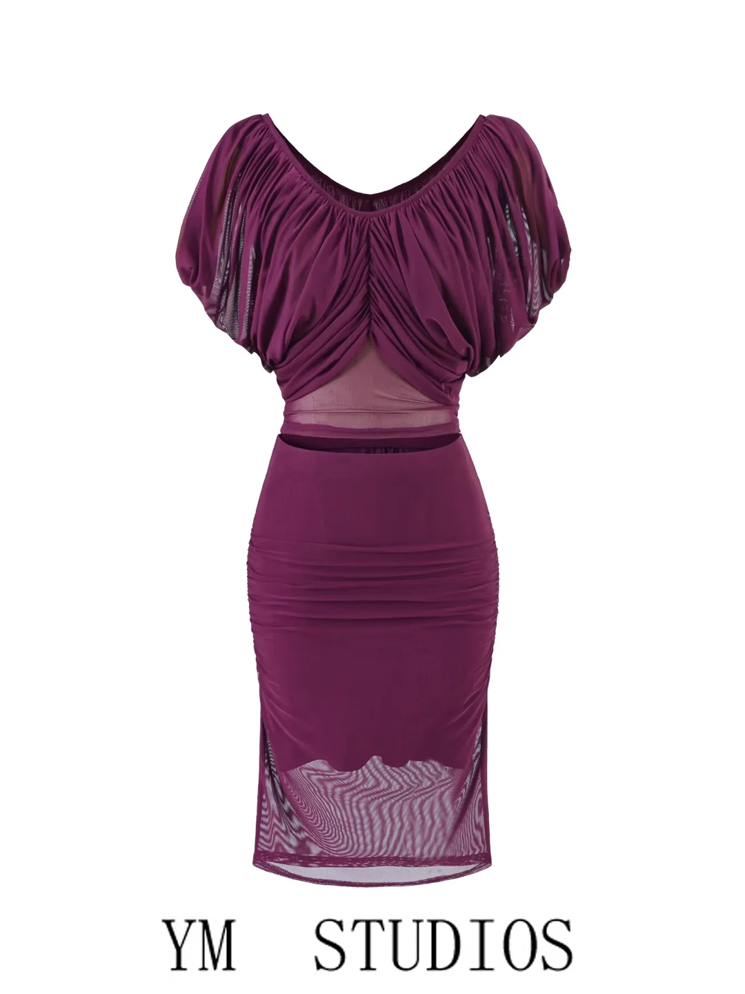 Women's Sexy V-neck Bubble Sleeve Shirt And Half Skirt Two-piece Set Mesh Waist-baring Bodycon Fashionable Summer Outfit