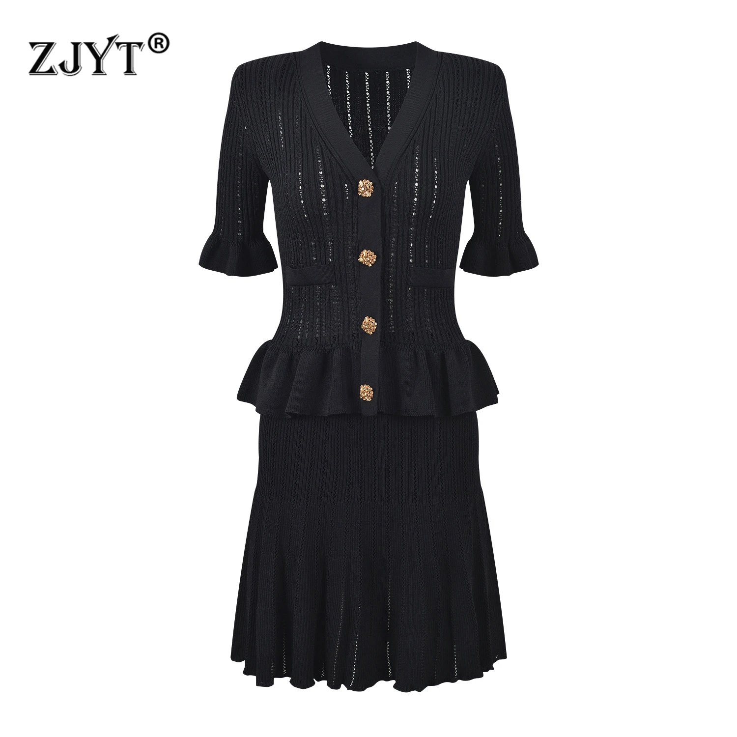 

ZJYT Women's Hollow Out Knitting Dresses Autumn 2024 Flare Sleeve One Piece Sweater Dress Elegant Party Vestidos Feminino Black