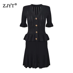 ZJYT Women's Hollow Out Knitting Dresses Autumn 2024 Flare Sleeve One Piece Sweater Dress Elegant Party Vestidos Feminino Black