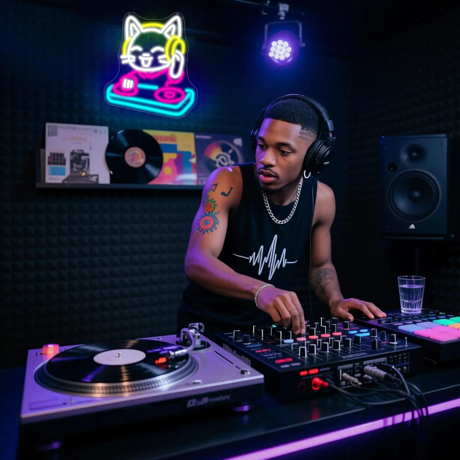 DJ القط النيون تسجيل عكس الضوء القط الموسيقى النيون ضوء جدار ديكور للرجل كهف غرفة الموسيقى استوديو المرحلة قاعة الرقص بار غرفة نوم حفلة Bi #5