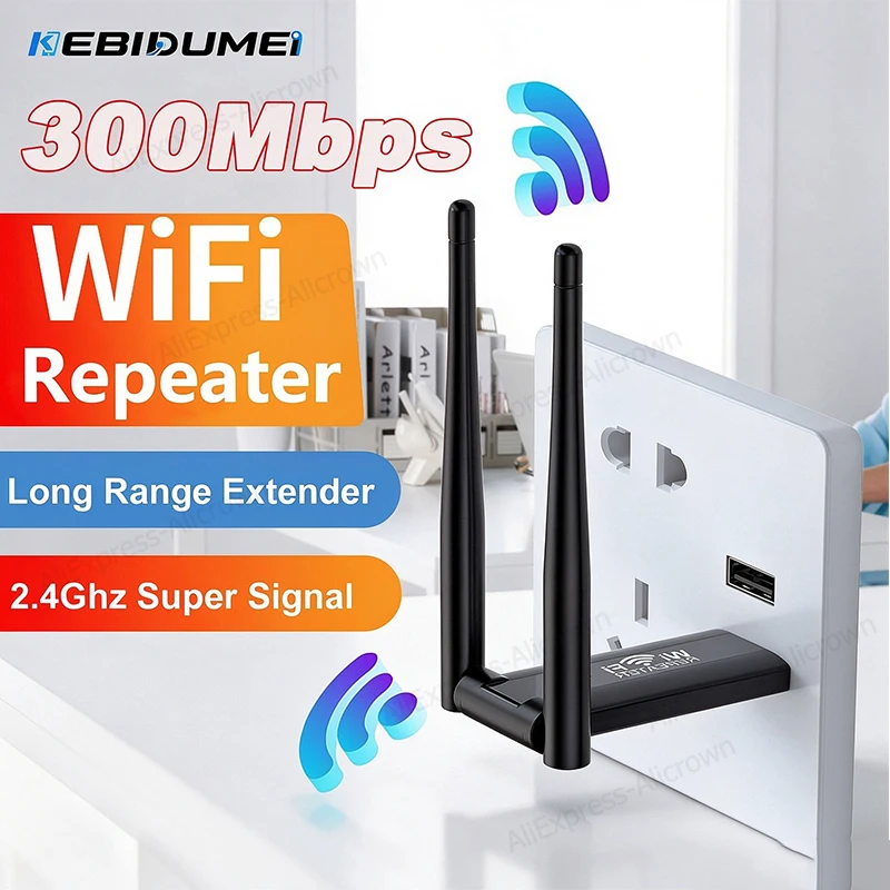 KEBIDUMEI 2.4G WiFi Repeater 300Mbps USB Wireless WiFi Signal Amplifier Extender Booster Long Range Wifi Home Network Extension