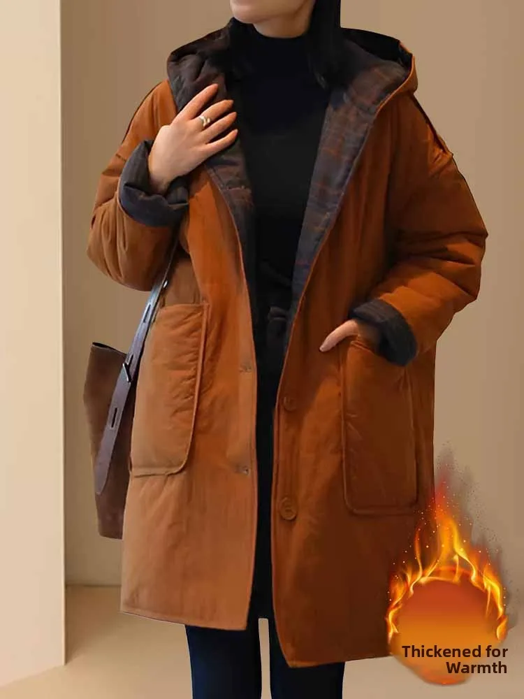 

Корейская зимняя хлопковая куртка свободного кроя с капюшоном, двусторонняя, повседневная, универсальная, удобная, средней длины, для женщин