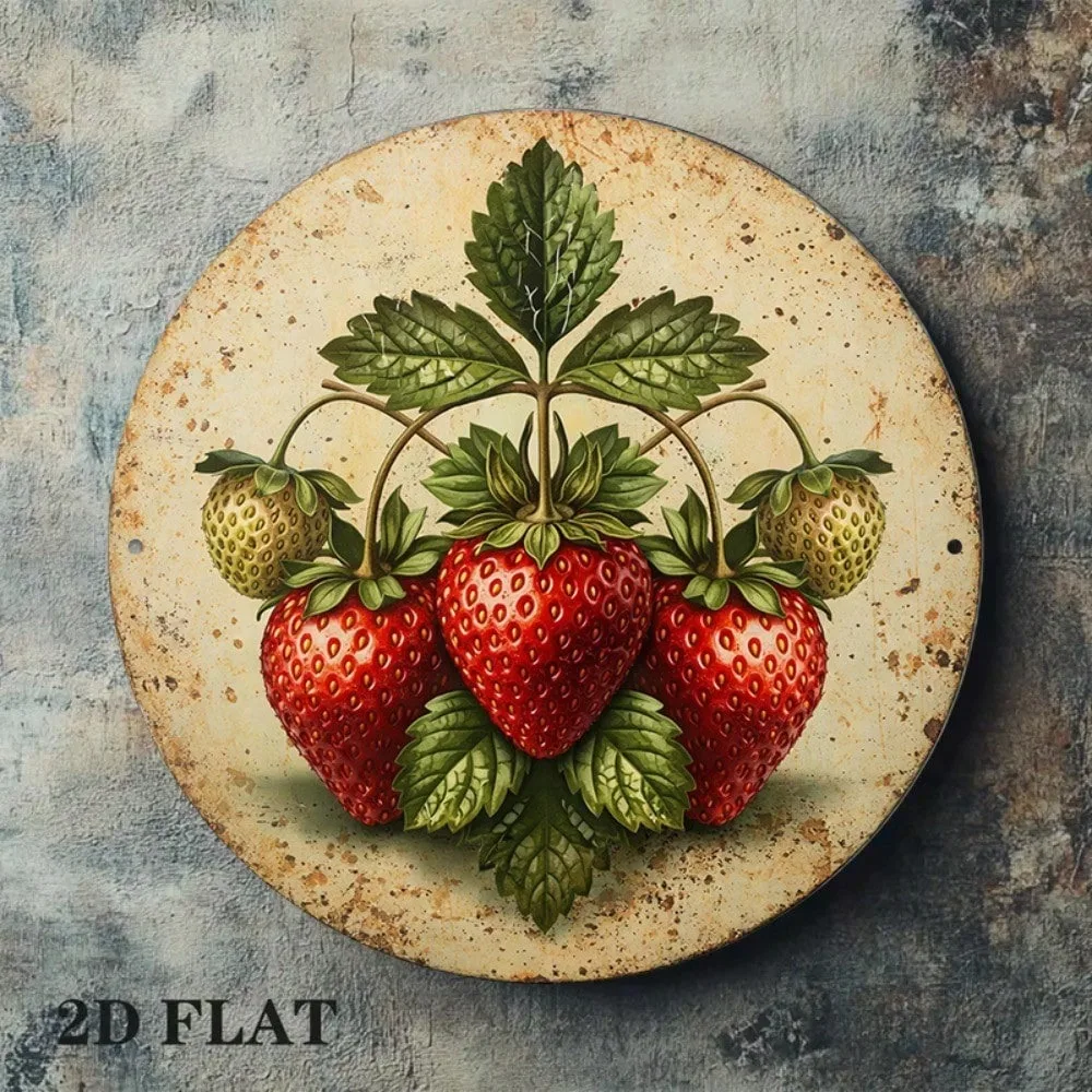 Fresh Strawberry Round Sign 8x8in, Retro Fruit Plaque Decor Metal Sign