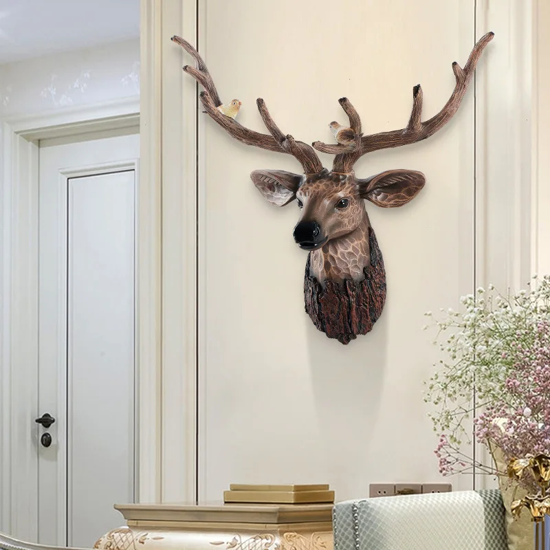 19.5“H 3D Deer Head Wall Decor Faux Wood Grain Resin Animal Sculpture European Style Wall Hanging for Home Living Room Decor