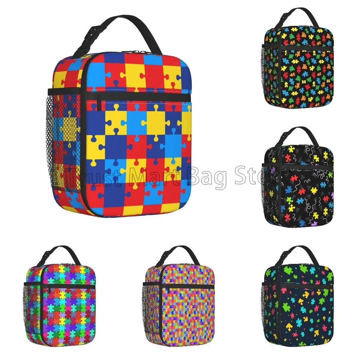 Autism Awareness Lunch Bags for Women Colorful Puzzle Piece Lunch Bag Water-resistant Thermal Bento Tote for Work Picnic Beach