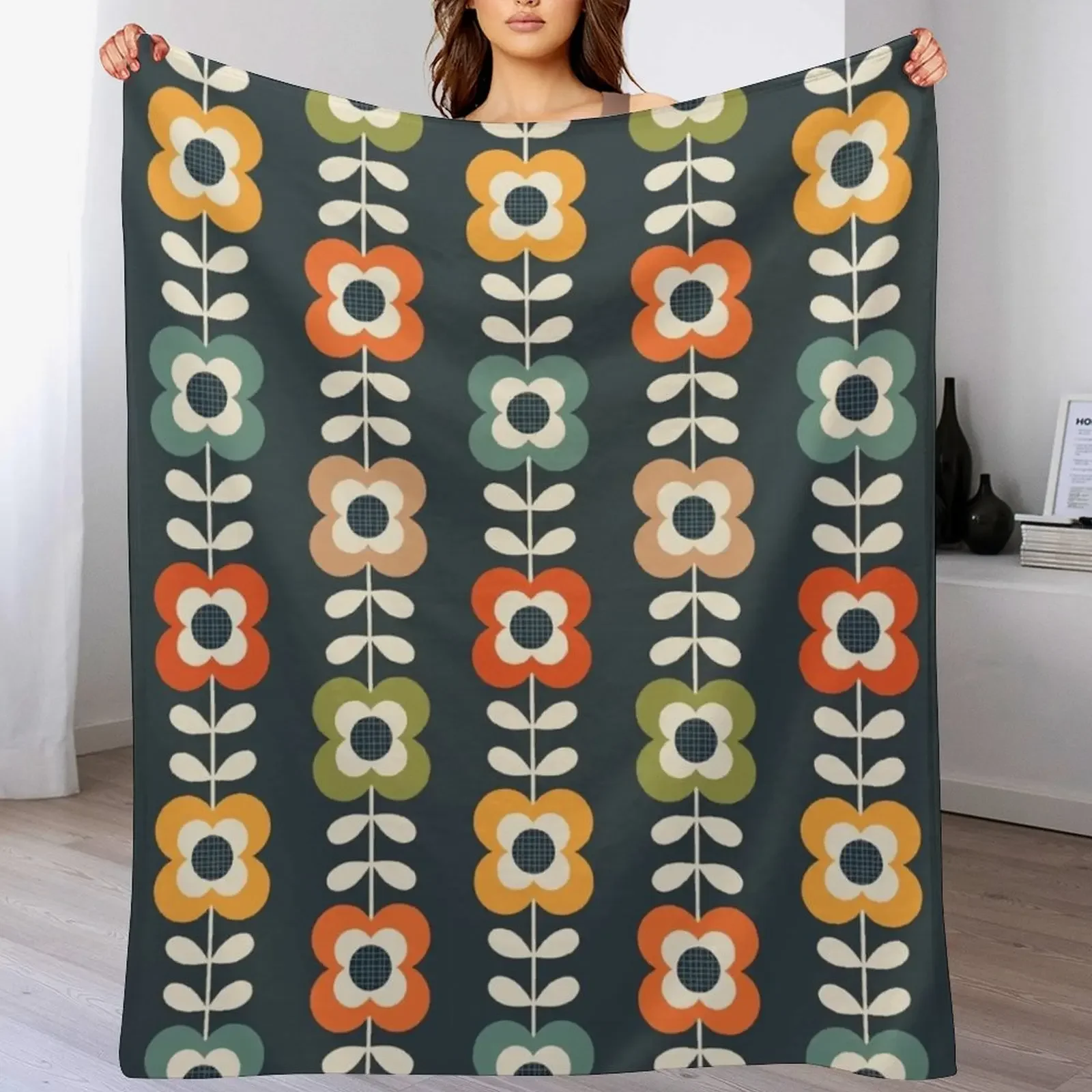 Mod Flowers in Retro Colors on Charcoal Throw Blanket No Pilling Soft Warm Blanket for Bed
