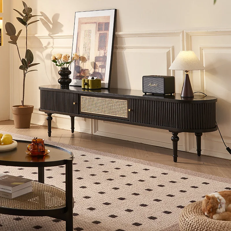 

2025 New Solid Wood TV Cabinet Rattan Living Room Small Apartment Nordic High Leg Creative Slide Rail Cabinet Door Storage Cabin