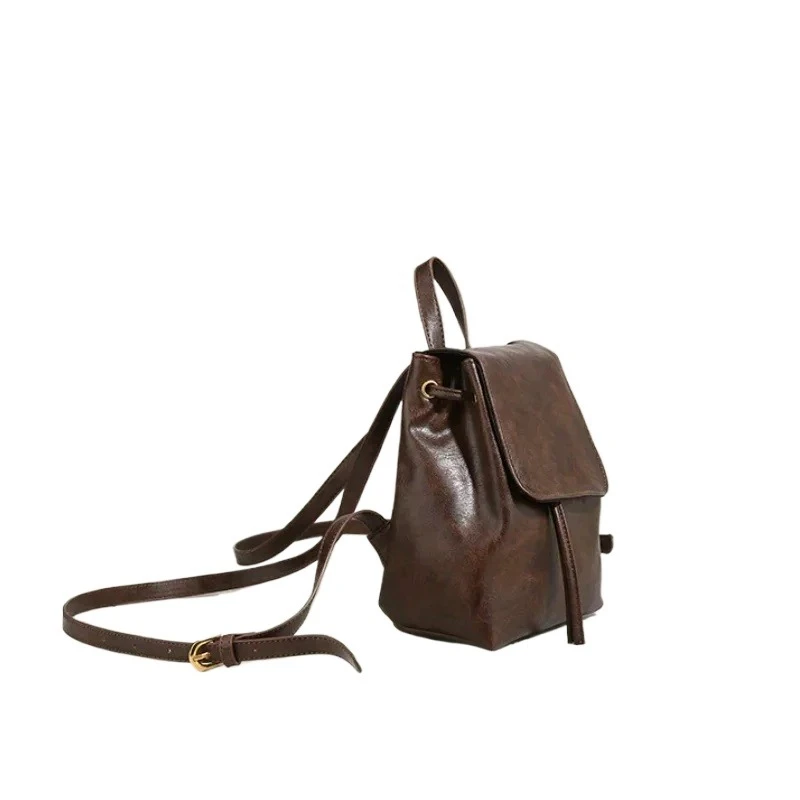 

Women's Vintage Fashion Mini PU Leather Backpack: Small Drawstring Flap, Textured for School, Travel & Commute