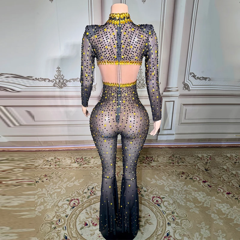 Black Gold Rhinestones Mesh Jumpsuit Women Party Gogo Dancer Costume Bar Nightclub Ds Dj Festival Outfit Stage Pole Wear XS9814