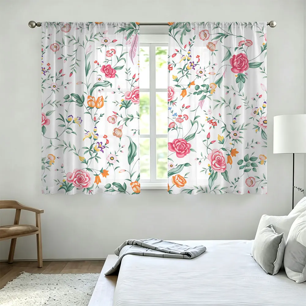 2Pcs Rod Pocket Curtain Light Block Privacy Drape Living Bedroom Multicolor Vintage Floral Print Window Curtain For Home Deco