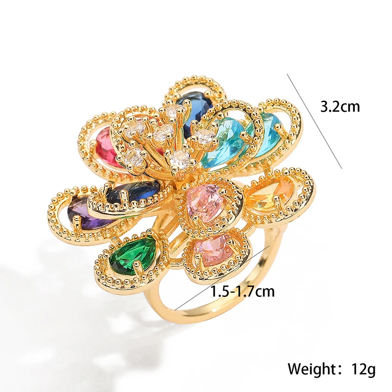 GANPUP Luxuriöser offener Fingerring mit farbigen Zirkonia-Blumen für Damen, für den täglichen Gebrauch, funkelnder, verstellbarer Ring, Schmuck, Hochzeitsgeschenk – Detail 1