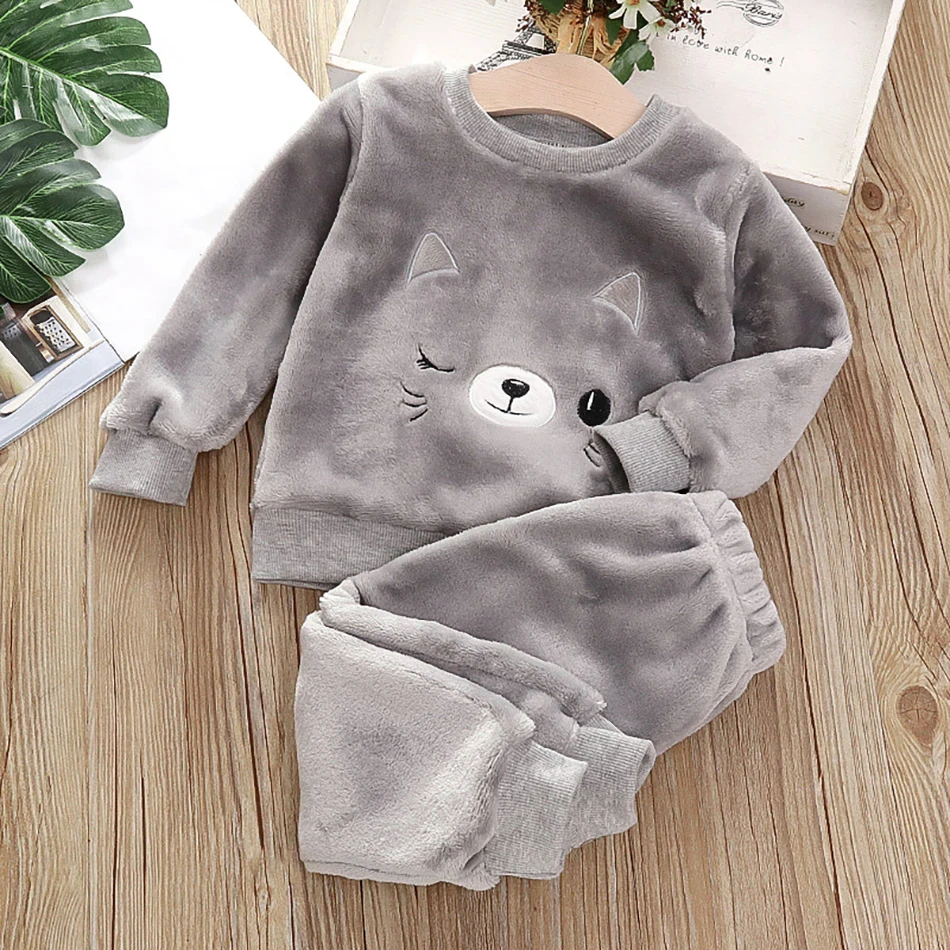 Baby Boy Warm Dinosuar Clothing Set Winter Cartoon Pajamas Outfit for Girls Pleuche Sweater Pants 2pcs Kids Suit 1-6Y