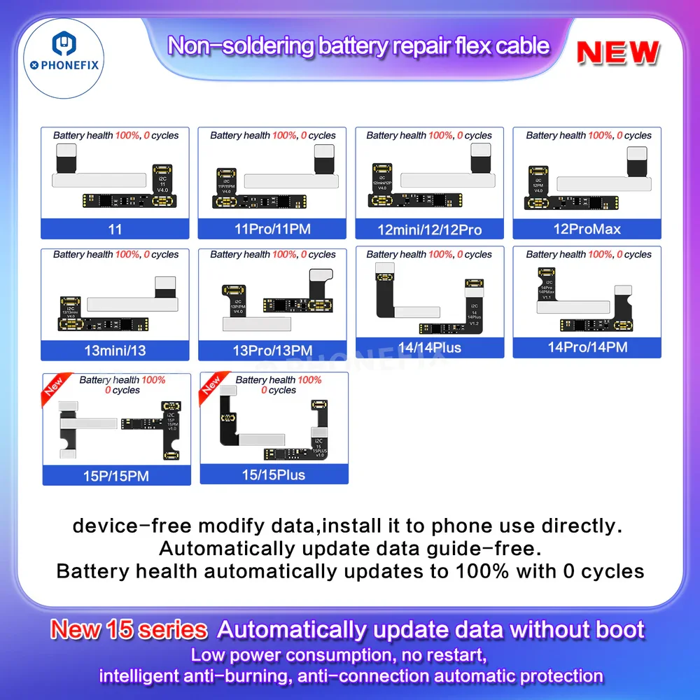i2C Tag-on Battery Flex Cable Data Corrector Non-Soldering FPC for iPhone11-15 Pro Max Removes 
