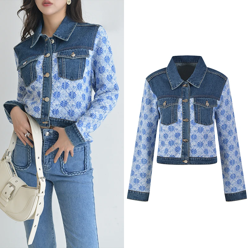 

High-End Women's Embroidered Denim Jaet ort Casual Spliced Cardigan Faion Outerwear Spring Summer Seasonal Collection