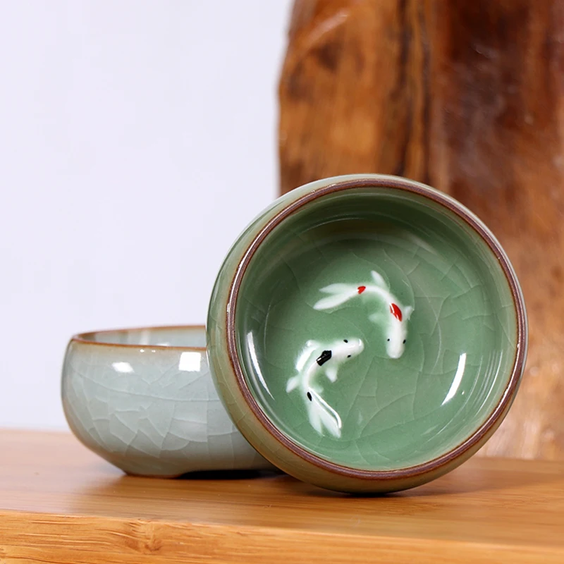 Crackle Golden Fish Celadon Porcelain Teacups Delicate Longquan Tea Cup Bowl Kungfu Serviceable Chinese Tea Cup Making Ru Kiln