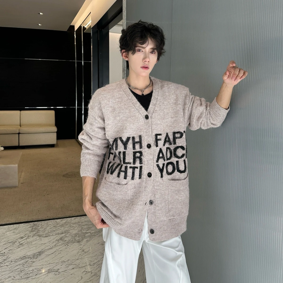 Cappotto maglione lavorato a maglia con motivo a lettera morbido e accogliente per donna Uomo Lazy Sle Autunno Inverno Fibra di poliestere di alta qualità V-Ne Lungo...