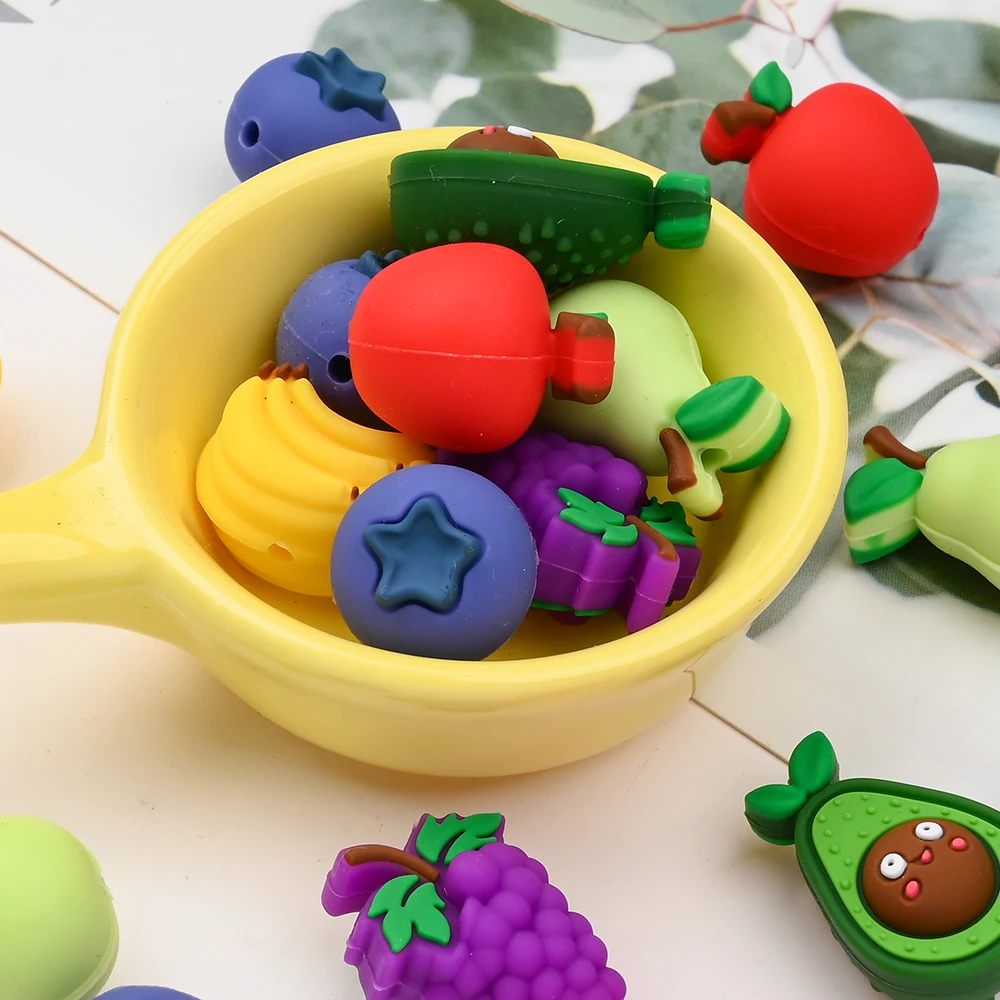 

6Pcs 3D Fruit Silicone Bead Banana Pear Apple Blueberrie Avocado Grape for Baby Grinding Bracelets Pacifier Chain Making