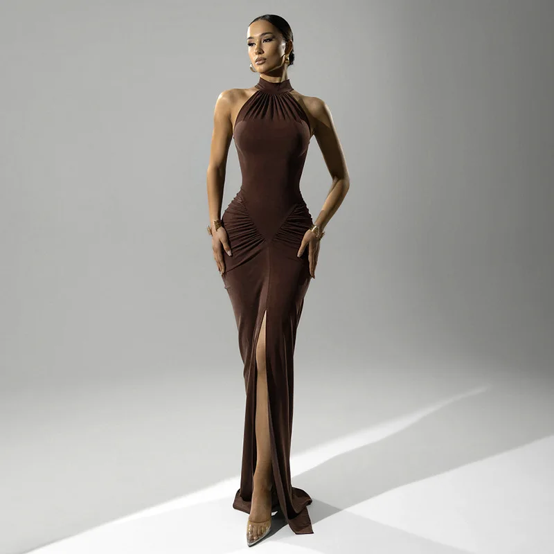 

2026 High-End Fashion Halter Ruched Sleeveless Maxi Gown - High Waist Sexy Evening Club Party Dress with Split Bodycon for Women