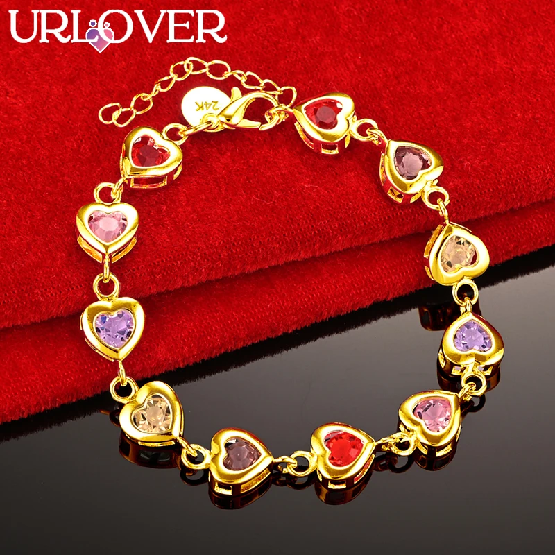 URLOVER 24K Gold Bracelet For Woman Colorful Zircon Crystal Heart Link Bracelets Lady Party Wedding Engagement Fashion Jewelry