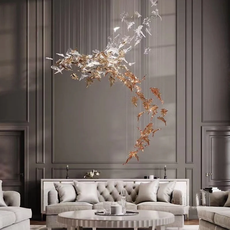 

Дуплексное здание, спиральная лестница, люстра из кленового листа, гостиная, вилла в открытом пространстве, простой современный светильник для отеля