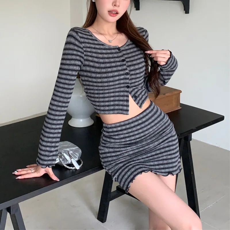 Summer Knitted Long Sleeved Cardigan Two Piece Set Women Fashion Short Crop Top + Holiday Beach Mini Skirt Suits Female Outifits