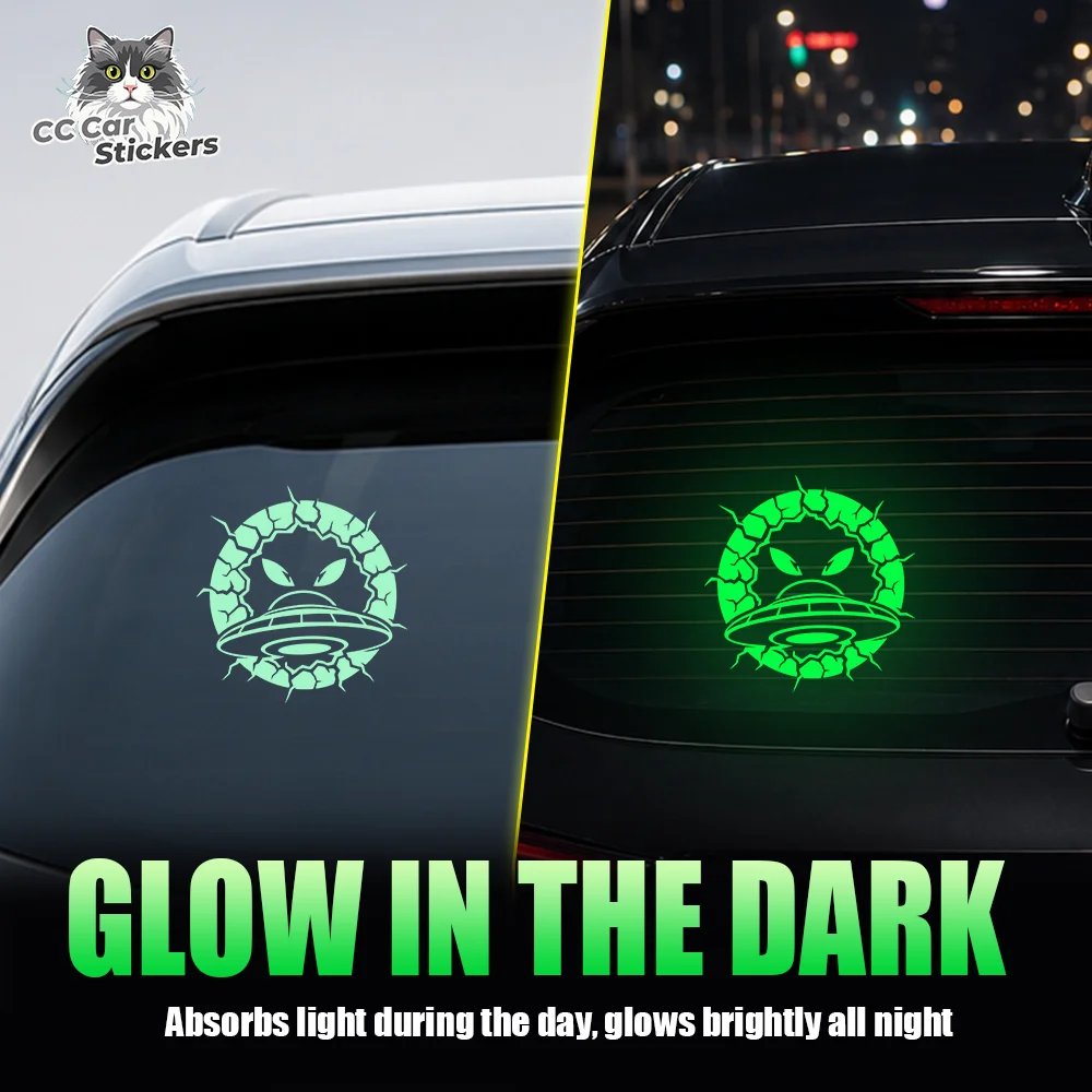 Alien UFO Cracked Wall Glow in the Dark Car Sticker Luminous Vinyl Decal Waterproof Rear Window Sci-Fi Auto Decor Trim Accessory